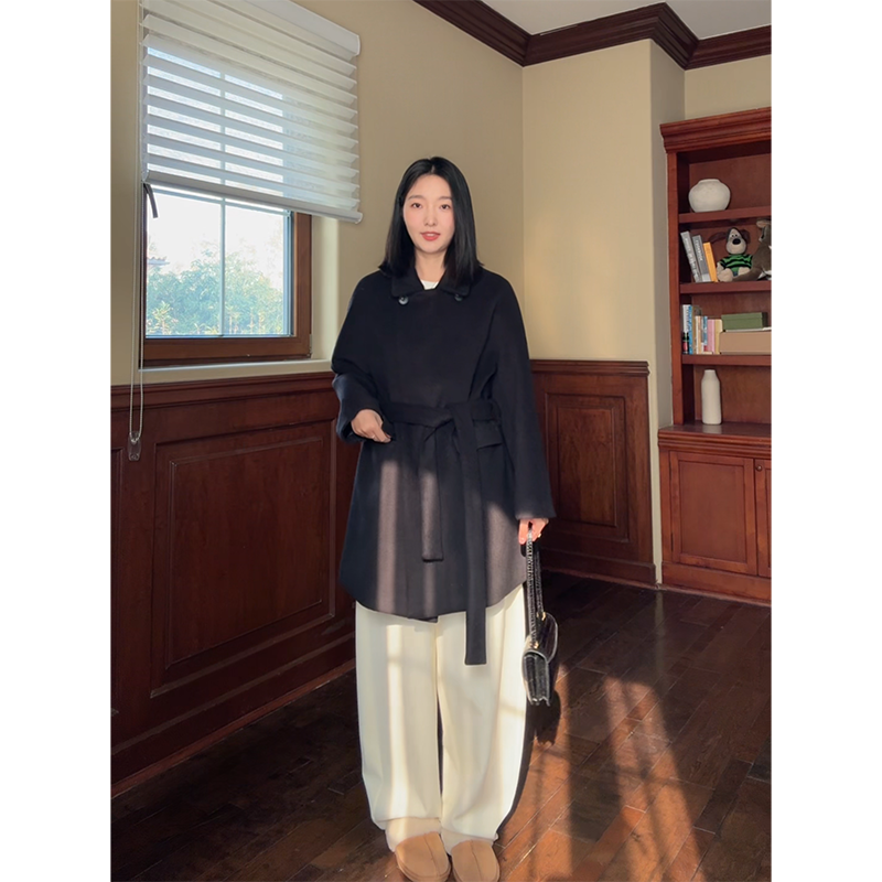 郭九九呢 羊毛气质简约翻领收腰毛呢大衣冬季新款外套加绒弯刀裤