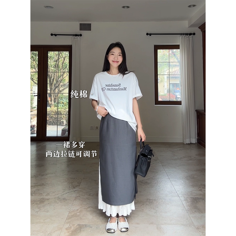 郭九九呢设计感小众假两件荷叶边开衩西装半裙纯棉百搭短袖T恤夏