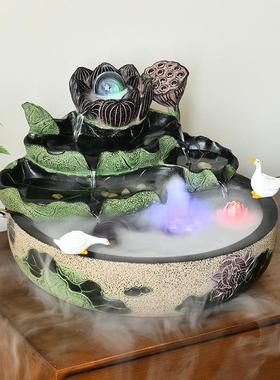 新中式荷花流水生财摆件循环水客厅茶室桌面风水轮造景入户运转球