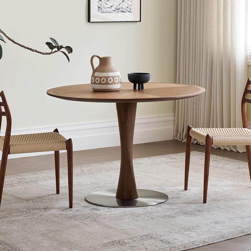 小蛮腰餐桌北美胡桃木复古实木圆桌中古风北欧家用小户型饭桌圆桌