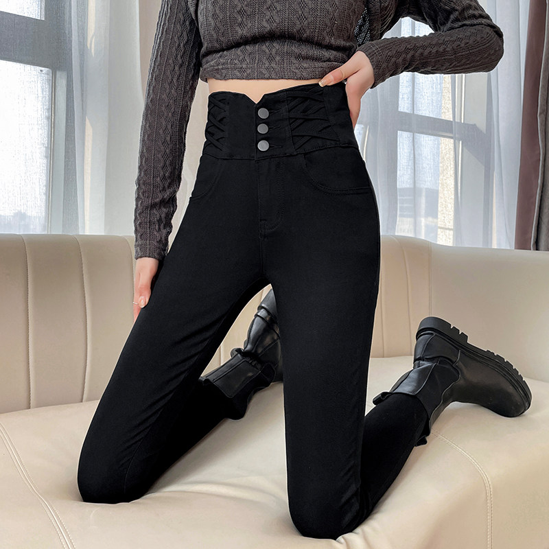 高腰打底裤女外穿春秋小黑裤2022新款弹力加绒黑色铅笔小脚裤子女