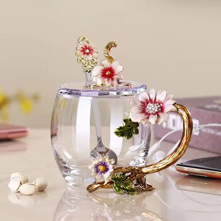 水晶耐高温彩 子水杯家用茶杯送女友玻璃杯清新花茶杯礼新款 珐琅