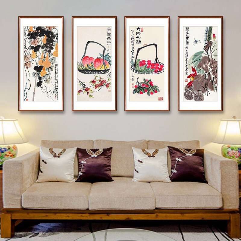 新中式客厅装饰画齐白石水果画水墨荔枝寿桃挂画书房国画餐厅壁画图片