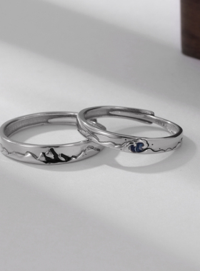 钱万千 对戒情侣款925纯银开口可调节刻字男女银戒指一对轻奢小众