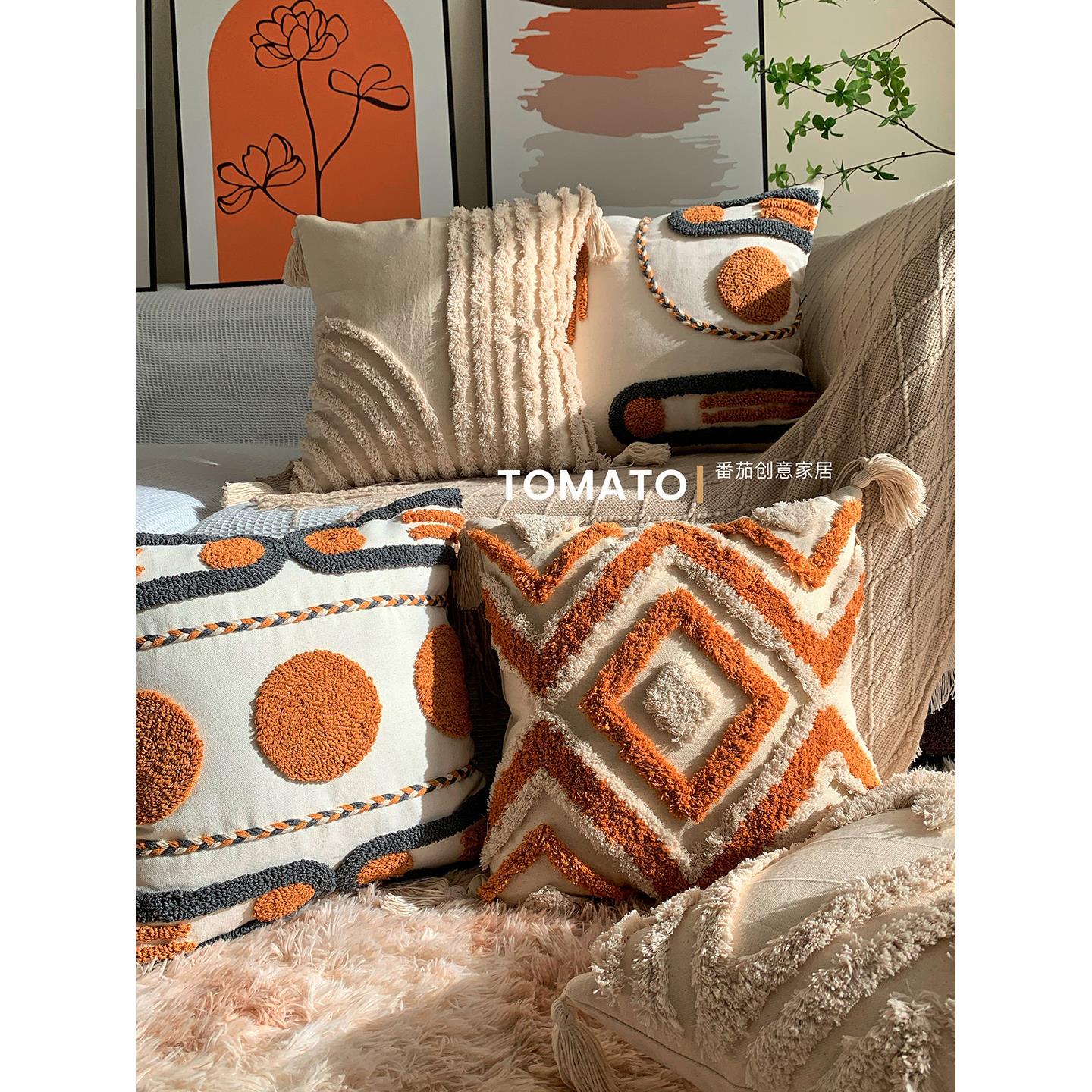 复古北欧ins 波西米亚民宿风轻奢簇绒手绘靠垫抱枕套沙发流苏枕套
