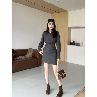 张阿星【条纹曲调】干练通勤气质老钱复古翻领收腰条纹衬衫连衣裙