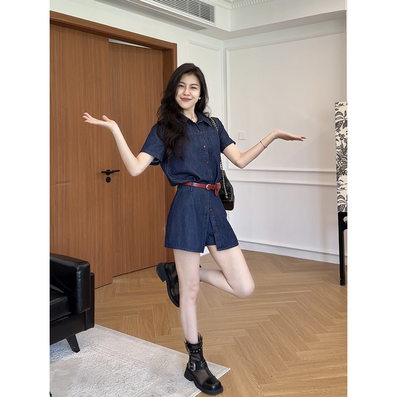 张阿星【胶片记忆】莱赛尔港风复古牛仔衬衫+高腰裙裤两件套装女