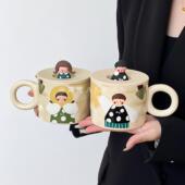 岸梵可爱马克杯带盖情侣杯卡通陶瓷杯喝水杯子办公室早餐杯牛奶杯