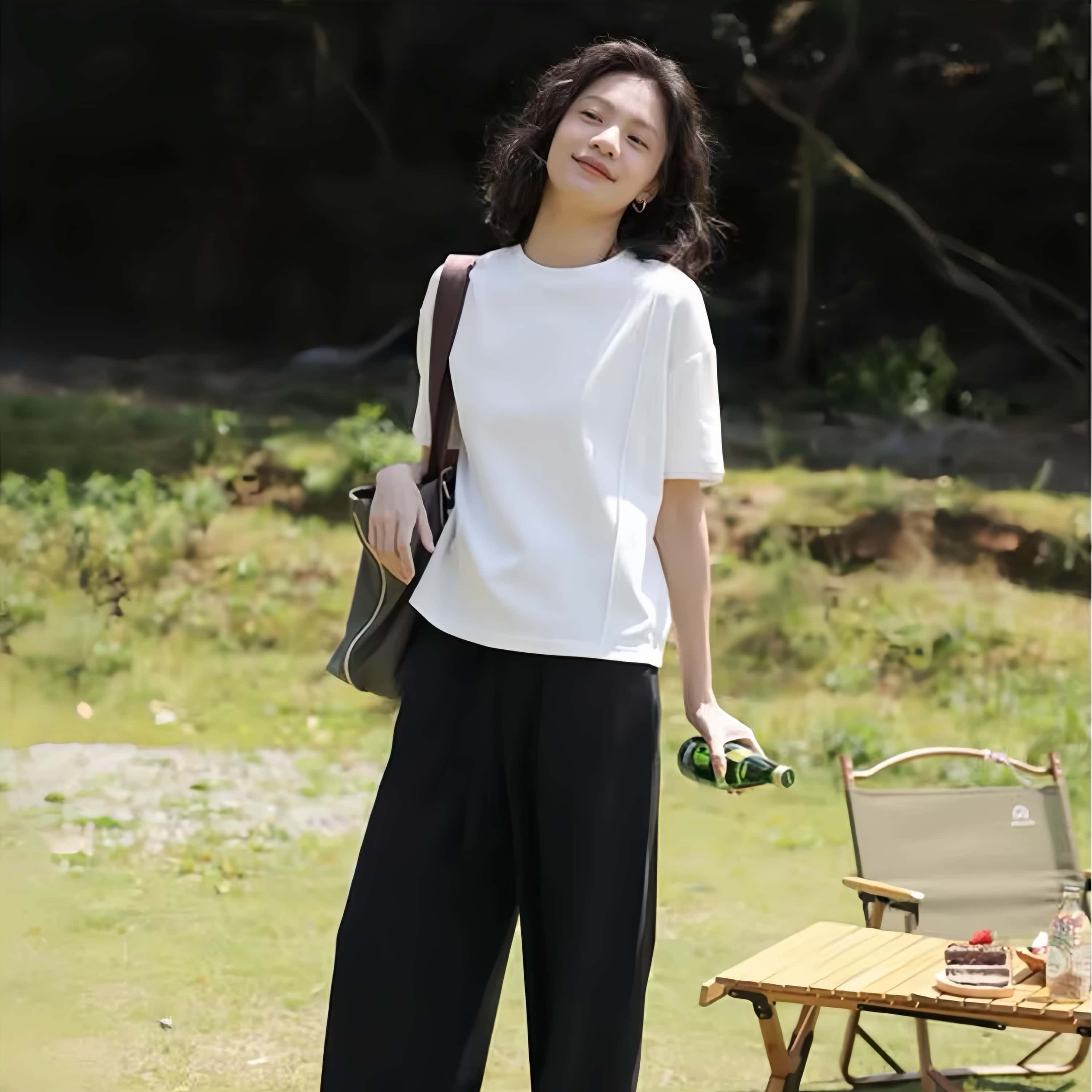 德M家女装夏季圆领简约分割设计宽松百搭休闲短袖T恤