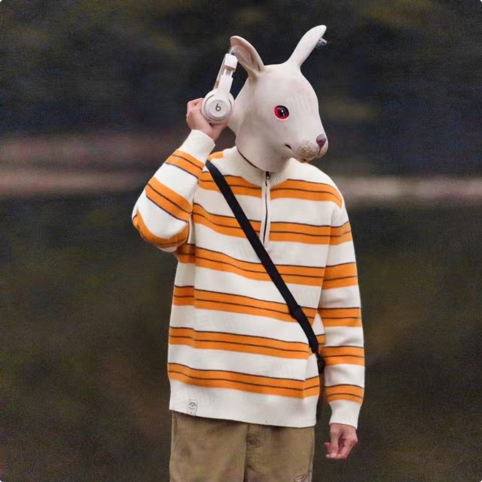 秋冬上新！Rabbit House家新款慵懒撞色条纹休闲宽松套头圆领毛衣