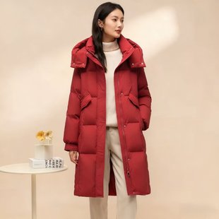 冬上新！M~XL码 雪家女款冬季纯色修身中长款加厚连帽羽绒服外套