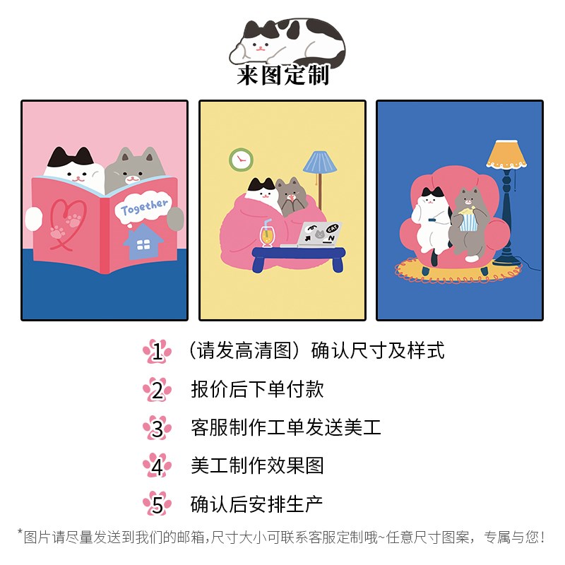 多巴胺色彩卡通猫咪儿童房卧室组合装饰画客厅沙发背景墙布艺挂画图片