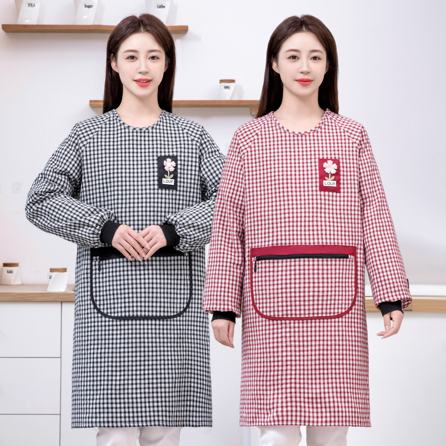 时尚格子加厚棉布罩衣厨房家用长袖围裙透气防污上班工作服大口袋,家庭/个人清洁工具,围裙,淘宝优惠券,粉丝福利购,淘宝优惠卷
