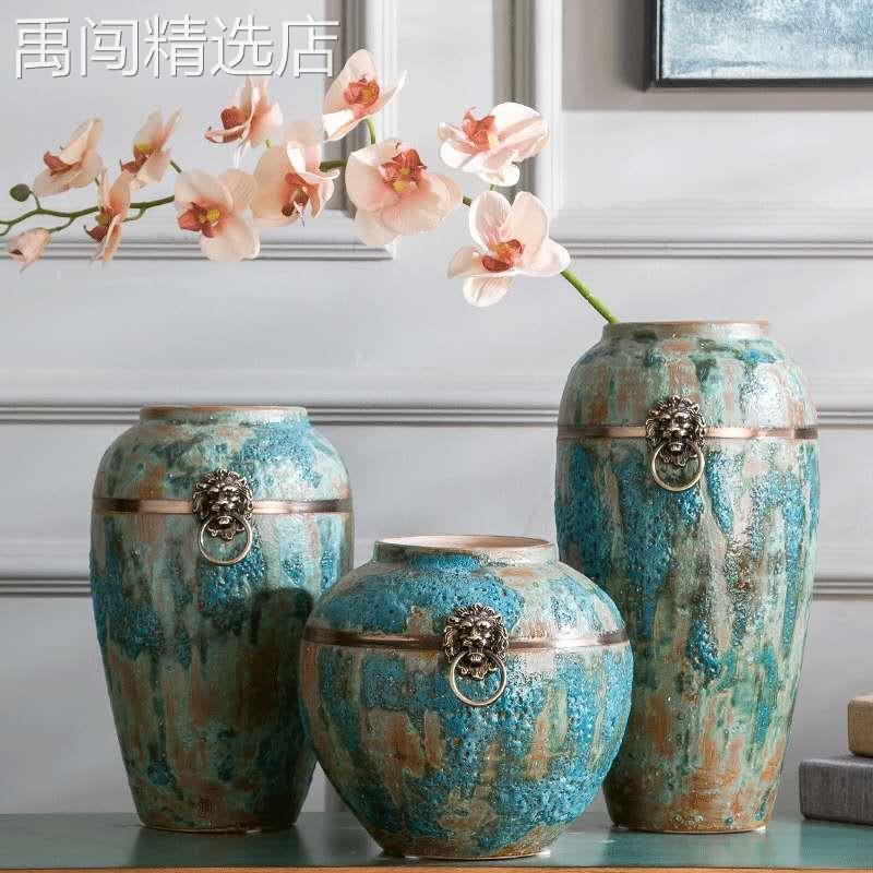 景德镇陶瓷花瓶 复古粗陶陶罐满天星干花花瓶新中式客厅插花摆件