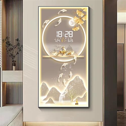 九鱼图玄关装饰画2025新款创意数显时钟客厅过道走廊壁灯画表挂墙图片