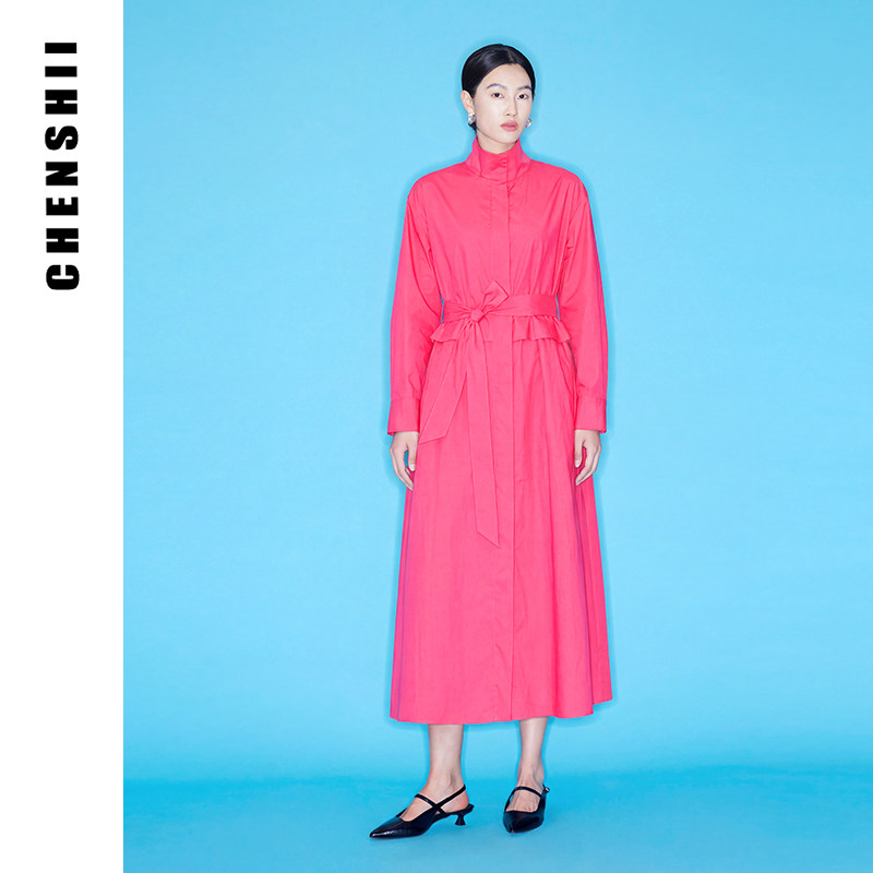 CHENSHII官方 2026秋季新款立领系带时尚长款风衣外套女