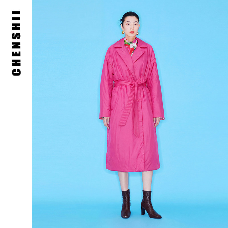CHENSHII官方 100%桑蚕丝内胆 设计感保暖中长款蚕丝棉衣外套女