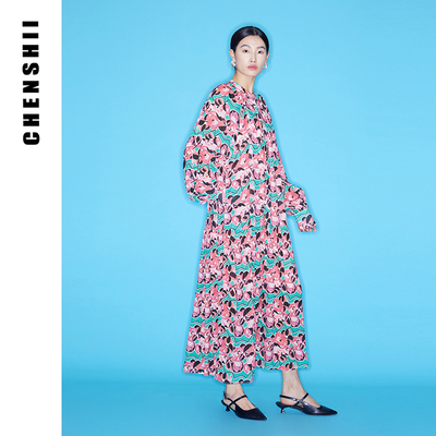 CHENSHII官方 2026春夏新款时尚优雅花色立领褶饰阔摆连衣裙女