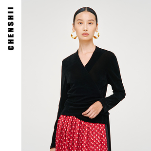 CHENSHII2026春季新款法式黑色修身系带丝绒长袖上衣女士高级感