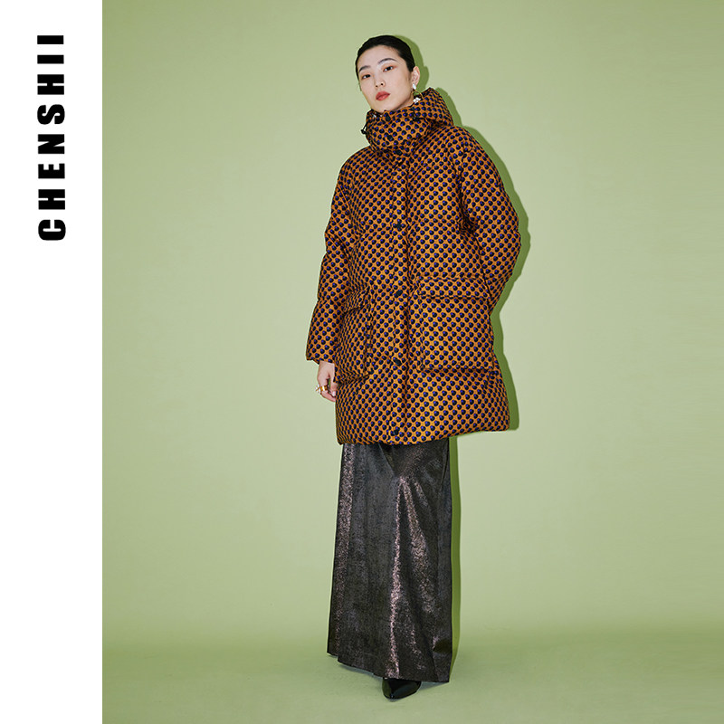CHENSHII官方 秋冬新款印花连帽保暖白鹅绒中长款羽绒服女