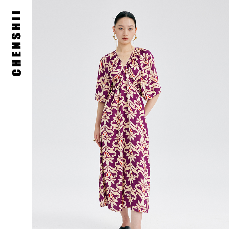 CHENSHII法式宽松气质印花V连衣裙2025新款小众设计师连衣裙