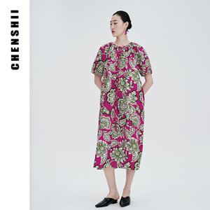 【翠裳紫韵】CHENSHII夏季新款纯棉青花瓷印花法式连衣裙女蛋糕裙