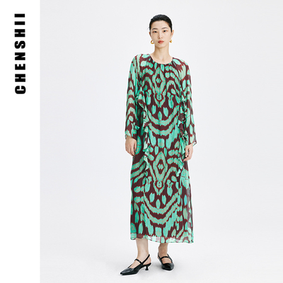 CHENSHII官方 2025夏季新款优雅设计感圆领荷叶边袖桑蚕丝连衣裙
