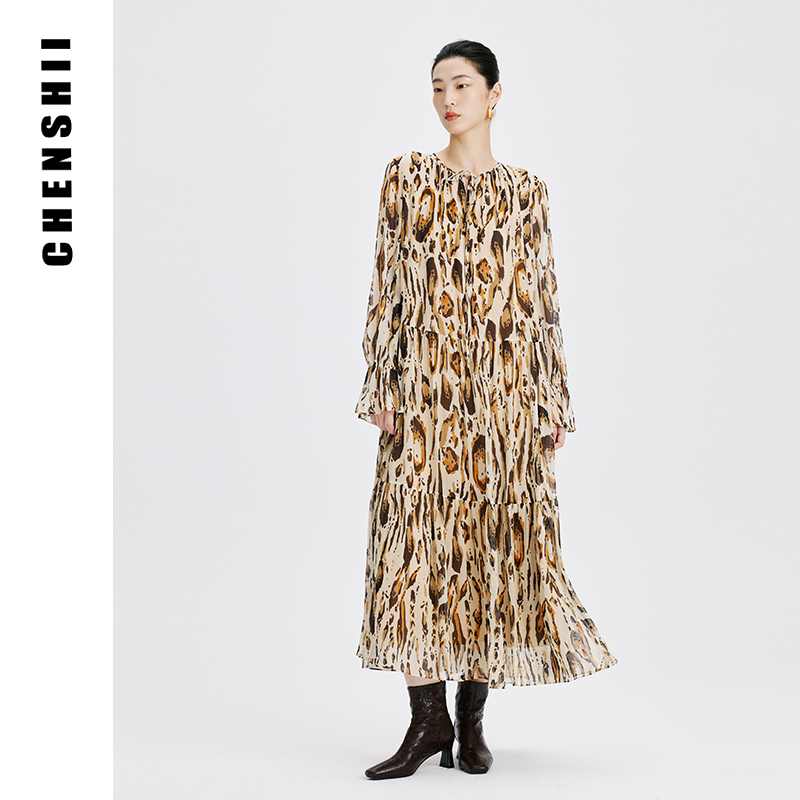 CHENSHII官方 2025秋季新款 高级感V领系带荷叶边 桑蚕丝连衣裙