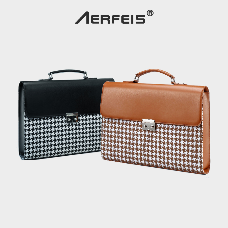 AERFEIS/阿尔飞斯皮革笔记本电脑公文包女防水14寸千鸟格平板收纳包轻奢小众高级感保护套ipad通勤便携手提包