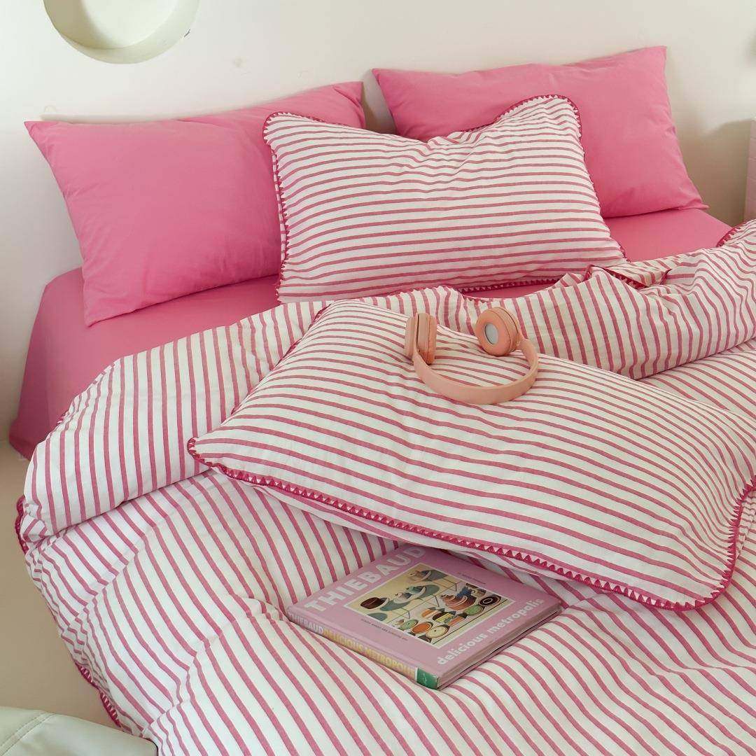 清爽粉嫩西瓜色水洗棉三角针绿色条纹四件套1.5m1.8公寓被套三件,3C数码配件,USB灯,淘宝优惠券,粉丝福利购,淘宝优惠卷