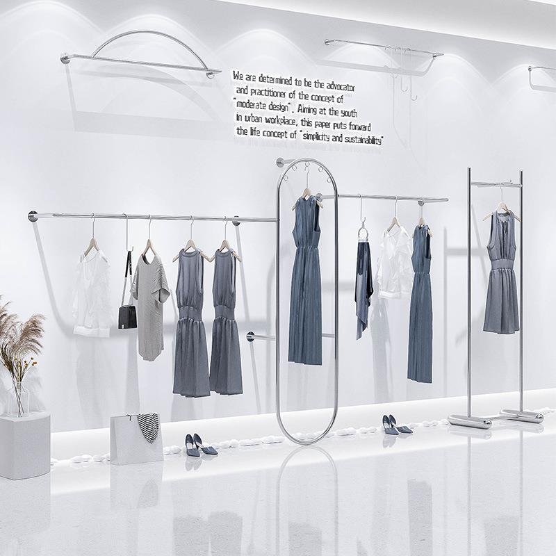 服装店挂衣架不锈钢上墙壁挂式展示架男女装店侧挂落地式陈列衣架