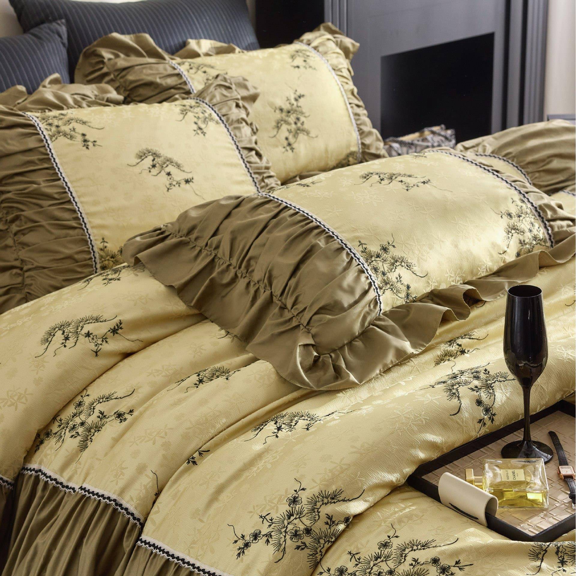 法式复古长绒棉色织提花绣花四件套轻奢S全棉被套床单床品-墨韵凝