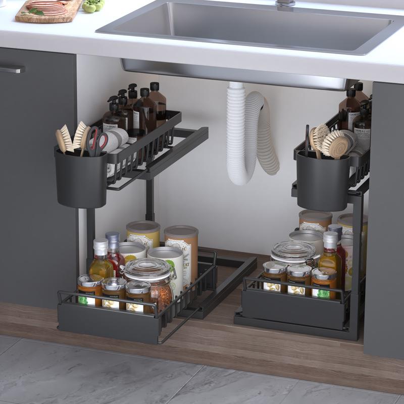 厨房下水槽置物架多功能橱柜拉篮调料瓶抽拉式收纳分隔层架