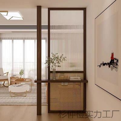 简约实木藤编屏风客厅入户玄关奶油风玻璃隔断日式原木风玄关