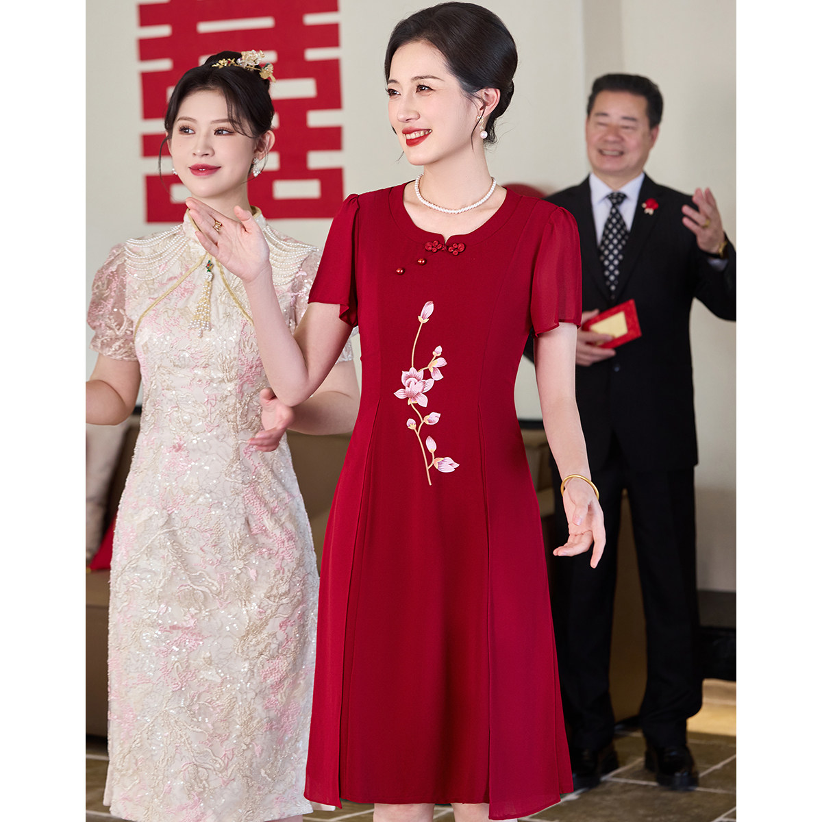【婚庆礼服】夏季喜婆婆印花国风盘扣婚宴妈妈喜庆新中式连衣裙