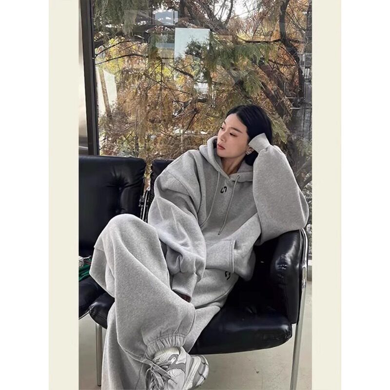 加肥加大码300斤灰色运动套装男女秋冬季宽松连帽卫衣长裤两件套2