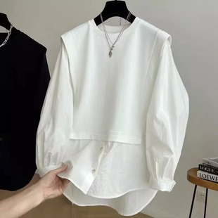 男女假两件春秋小众情侣衫 300斤大码 衬衫 欧货设计感拼接长袖 男装