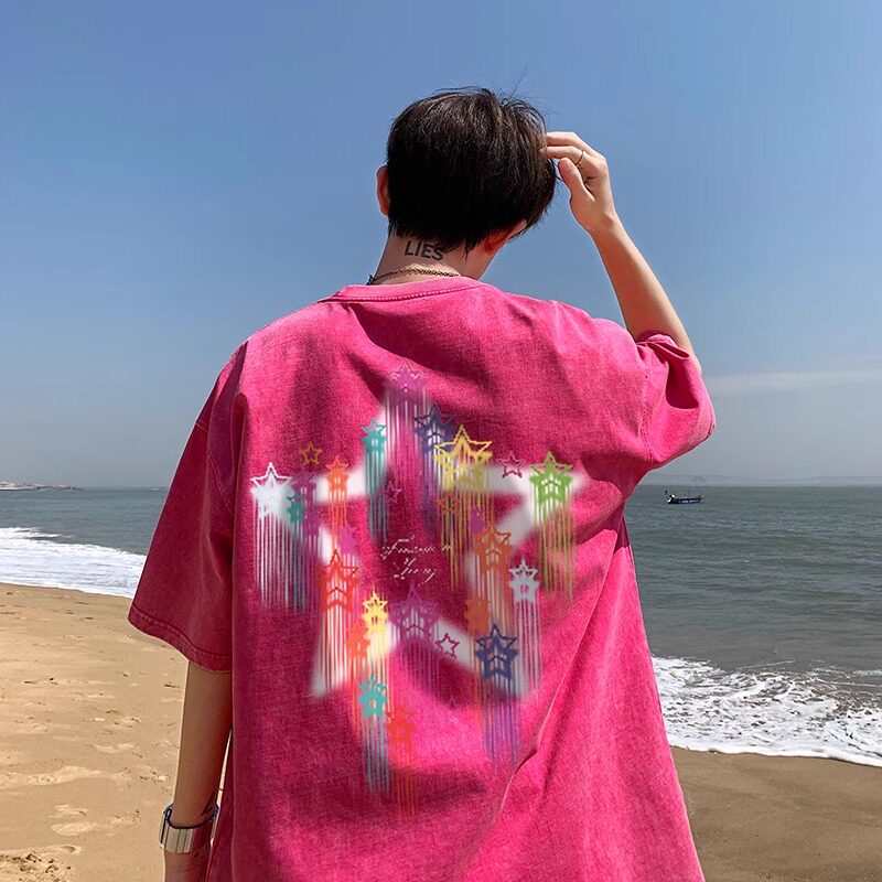 大码300斤粉色星星水洗做旧短袖T恤男多巴胺穿搭宽松高街潮牌tee2