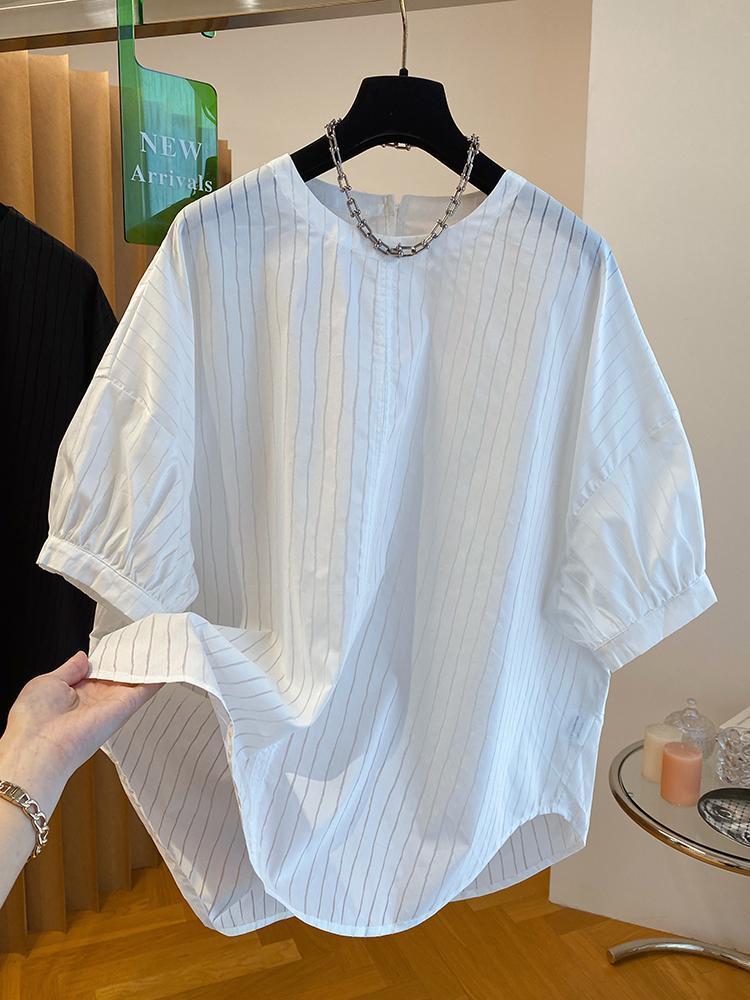 300斤大码男装套头圆领条纹衬衫男女短袖2025新款宽松茧型衬衣服2