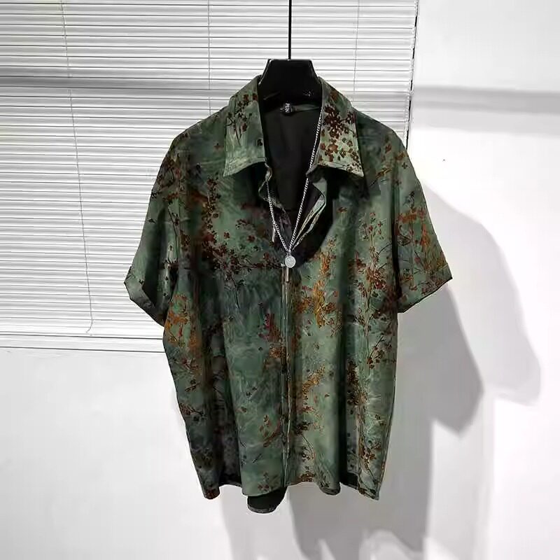 加大码300斤高级感复古做旧印花宽松痞帅衬衫男潮牌时髦垂感衬衣2