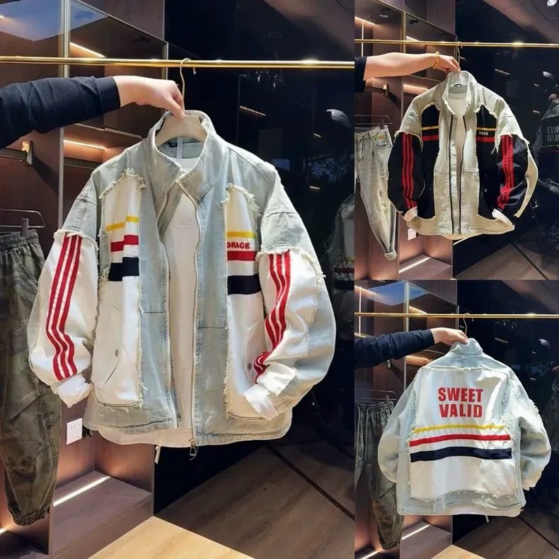春秋大码300斤宽松拼接立领牛仔外套男潮牌美式时尚休闲夹克上衣,男装,牛仔外套,淘宝优惠券,粉丝福利购,淘宝优惠卷