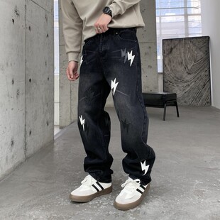 女2 男痞帅vibe闪电抽绳直筒长裤 300斤加肥大码 复古港风黑色牛仔裤