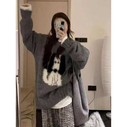 特大码300斤复古卡通刺绣小狗毛衣男女装秋冬慵懒风软糯针织外套2
