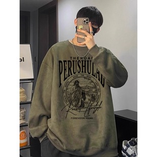 特大码 卫衣男春秋麂皮绒重磅高街潮牌复古宽松外套上衣 300斤美式