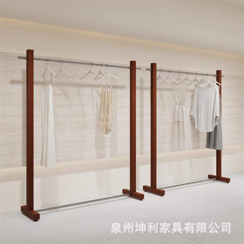 服装展示陈列中岛落地不锈钢挂衣杆转印胡桃木纹色复古女装店货架