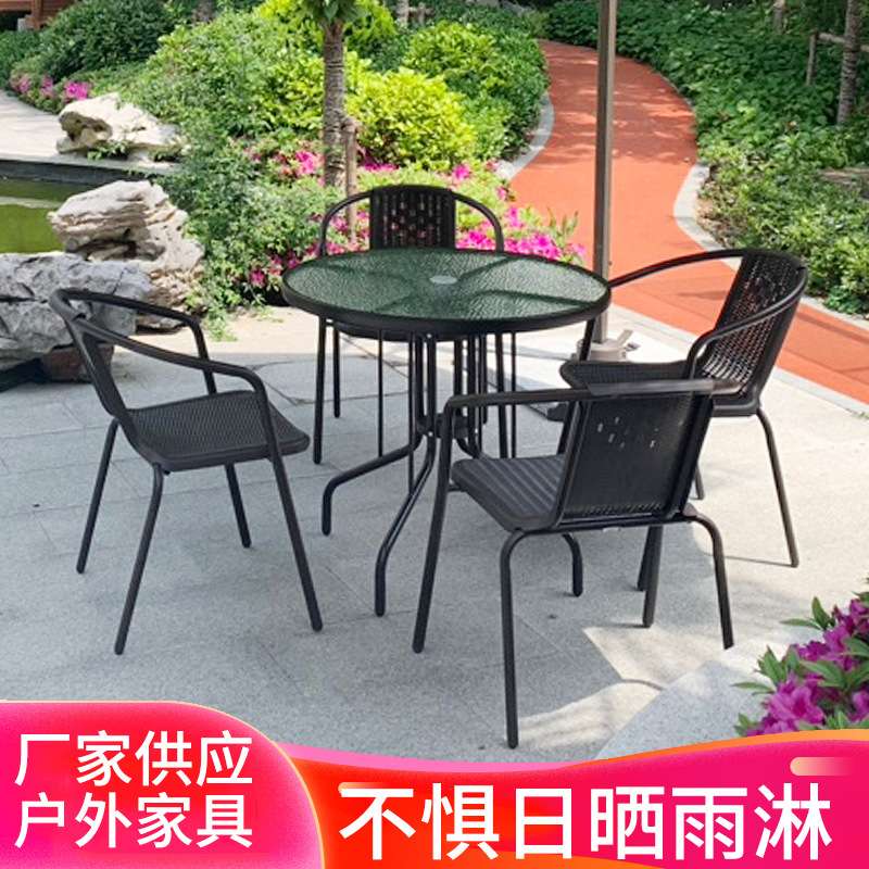 圆形餐桌椅奶茶店餐厅桌椅户外休闲高奢铁艺餐桌椅可插遮阳伞圆桌