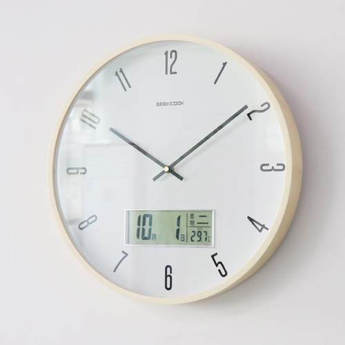 北欧木挂钟:简约刻度数字LCD万年历带农历星期温度多功能时钟