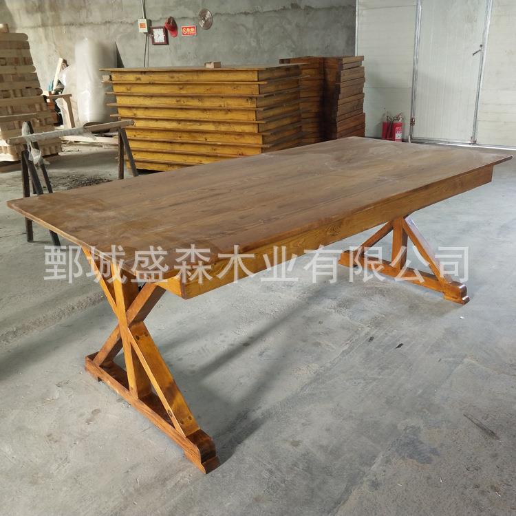 婚礼户外复古做旧实木农场桌松木宴会桌折叠餐桌交叉大板桌