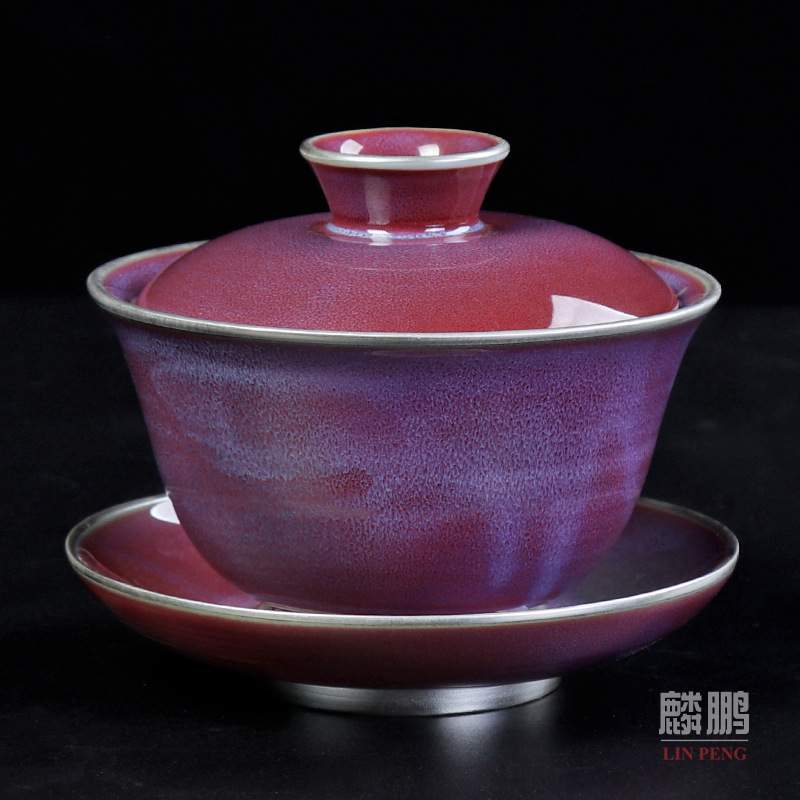 陶瓷茶具盖碗茶杯大号功夫泡茶家用纯手工足银钧窑鎏银盖碗