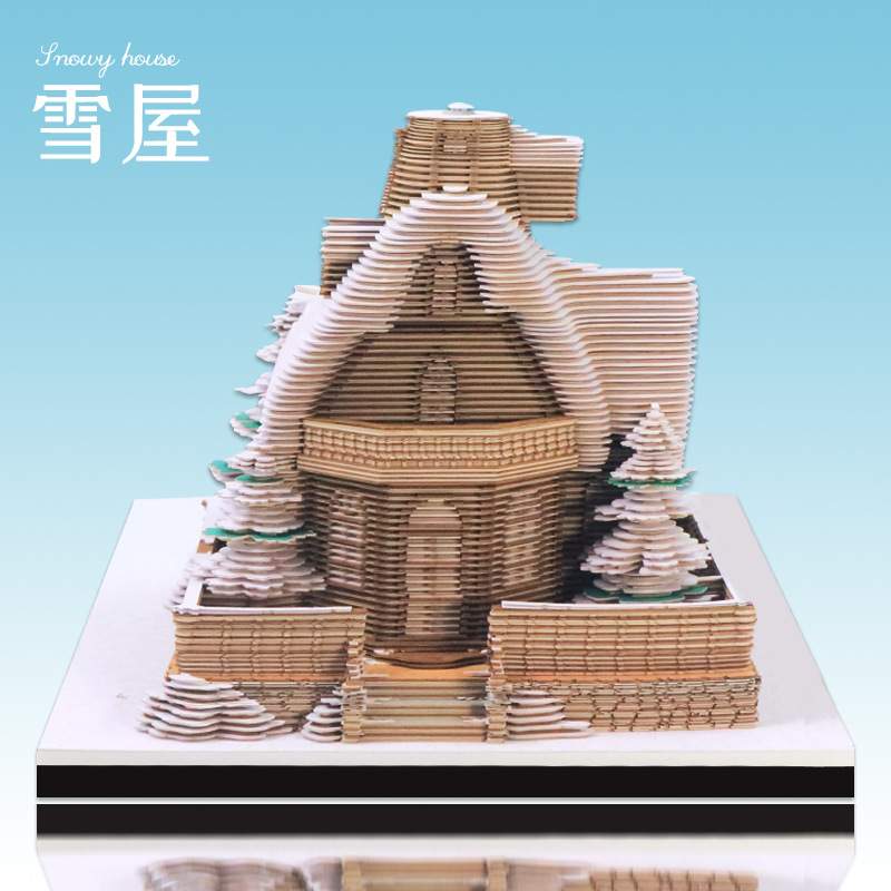圣诞雪屋3d立体便签纸雕便签记事本建筑模型公司创意抽拉式解压礼